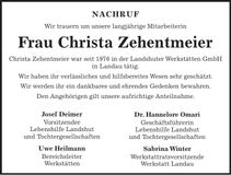 Traueranzeige Christa Zehentmeier