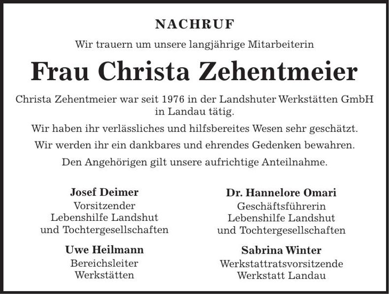 Traueranzeige Christa Zehentmeier