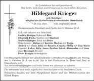 Traueranzeige Hildegard Krieger