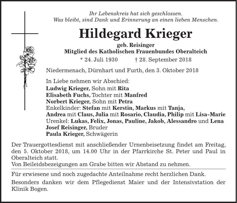 Traueranzeige Hildegard Krieger