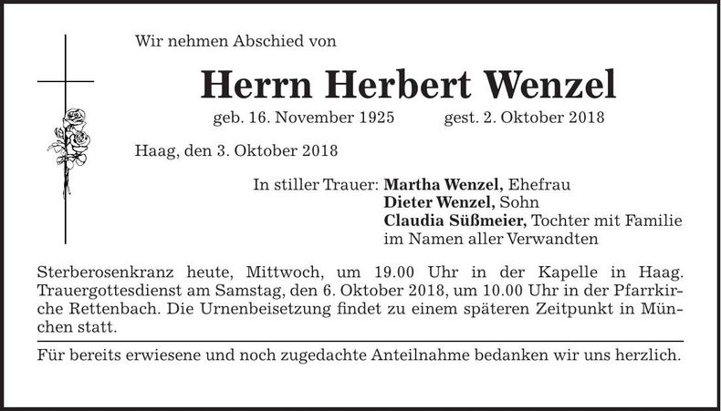 Traueranzeige Herbert Wenzel