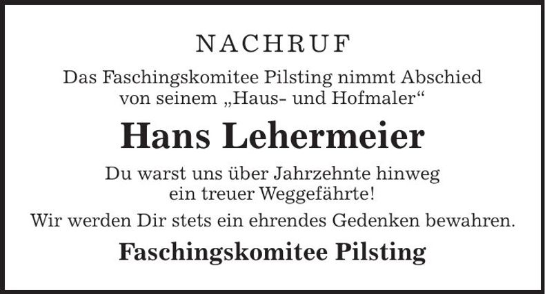 Traueranzeige Hans Lehermeier