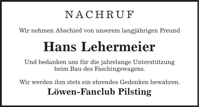 Traueranzeige Hans Lehermeier