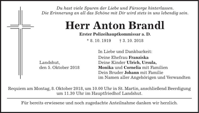 Traueranzeige Anton Brandl