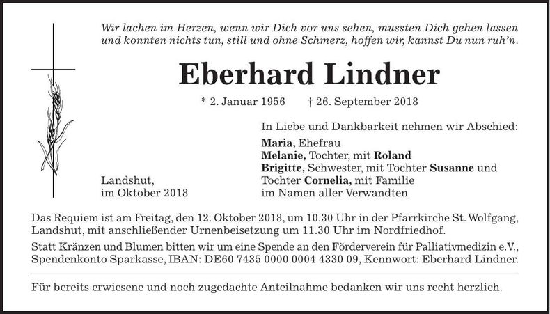 Traueranzeige Eberhard Lindner
