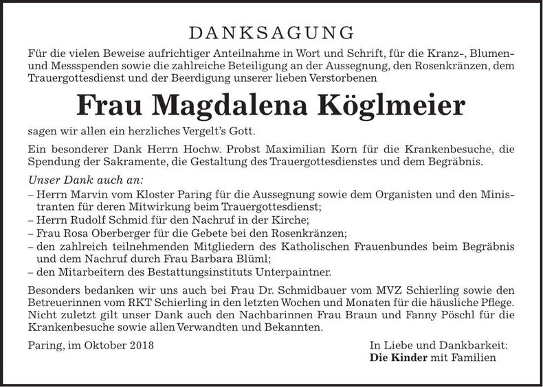 Traueranzeige Magdalena Köglmeier