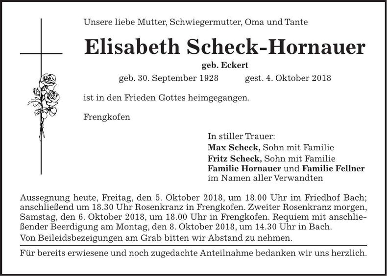 Traueranzeige Elisabeth Scheck-Hornauer