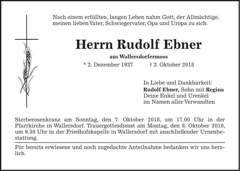 Traueranzeige Rudolf Ebner