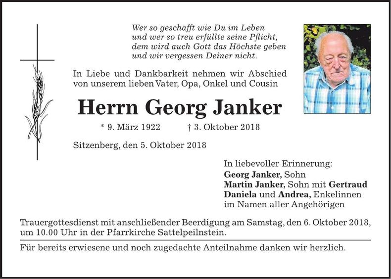 Traueranzeige Janker Georg
