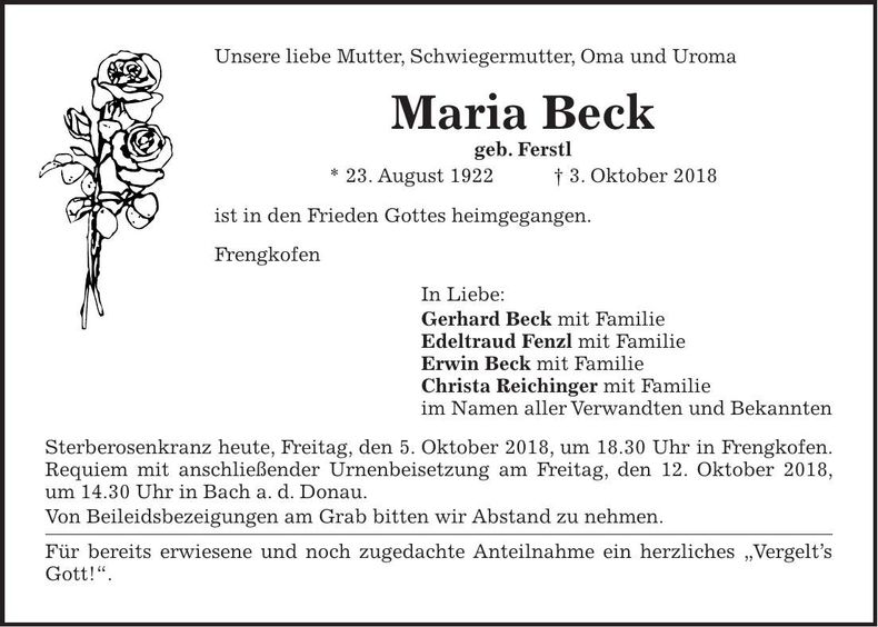 Traueranzeige Maria Beck