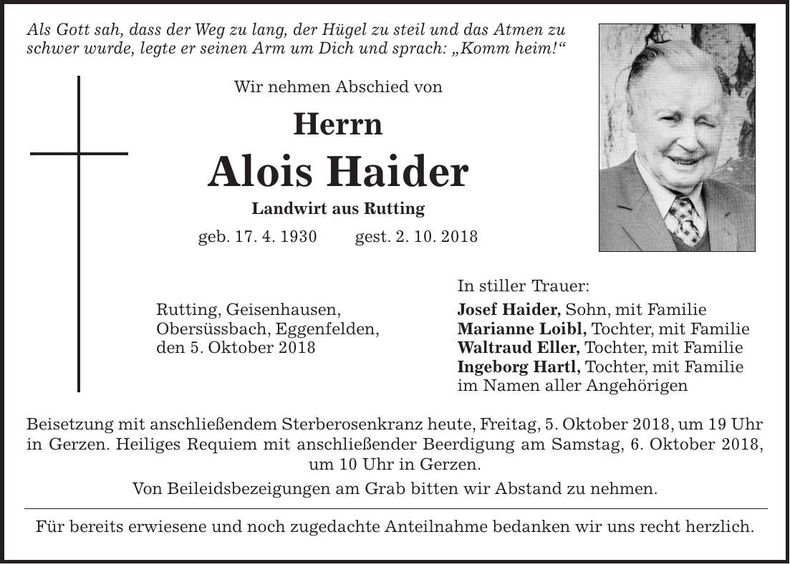 Traueranzeige Alois Haider
