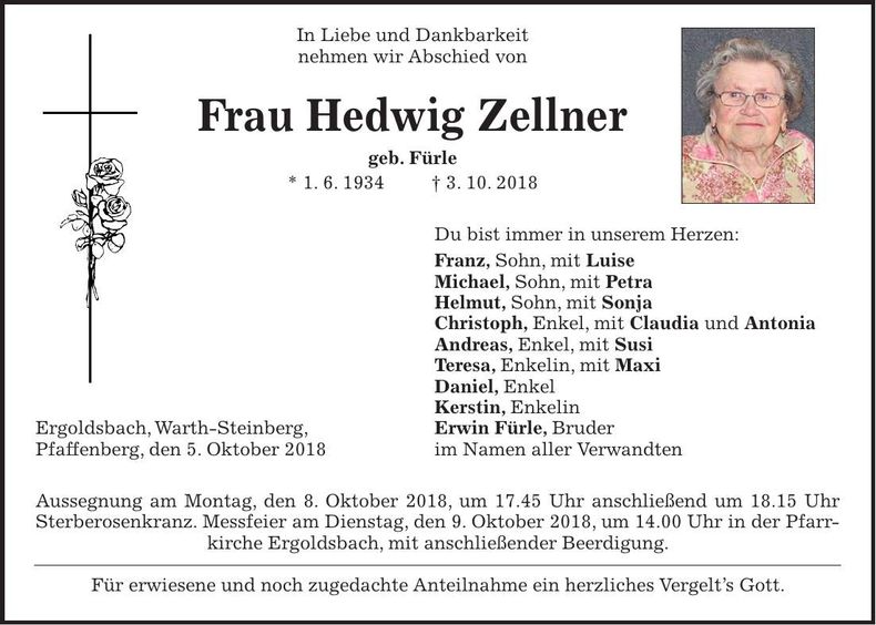 Traueranzeige Hedwig Zellner