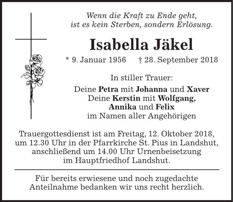 Traueranzeige Isabella Jäkel