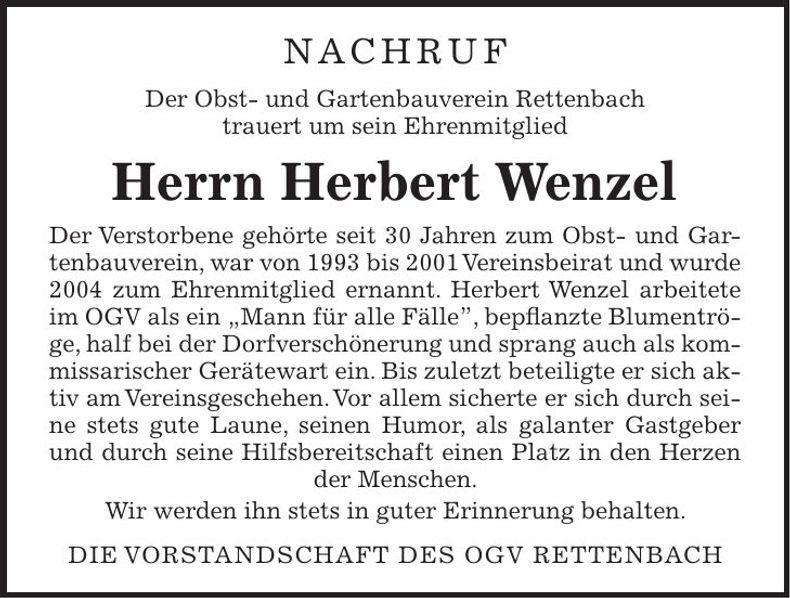 Traueranzeige Herbert Wenzel