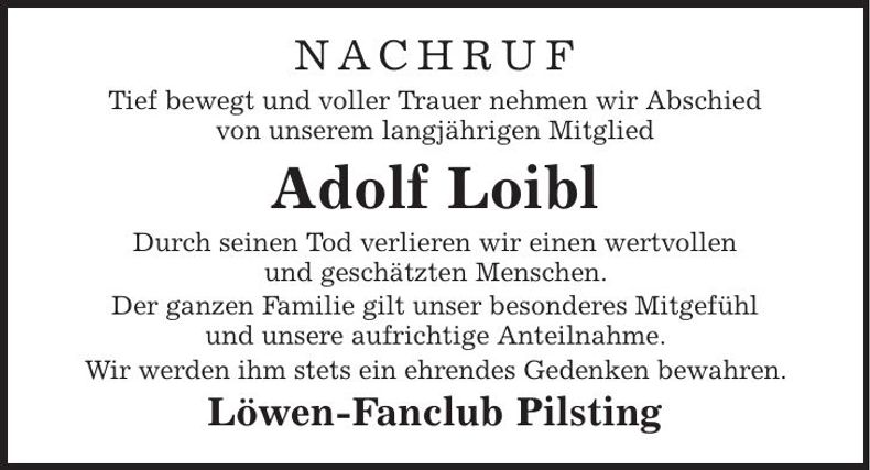Traueranzeige Adolf Loibl