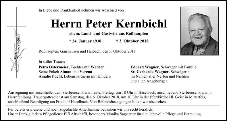 Traueranzeige Peter Kernbichl