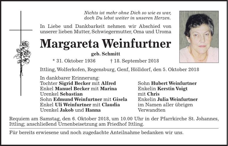 Traueranzeige Margareta Weinfurtner