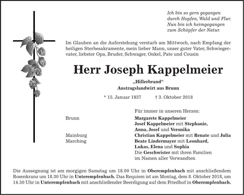 Traueranzeige Joseph Kappelmeier