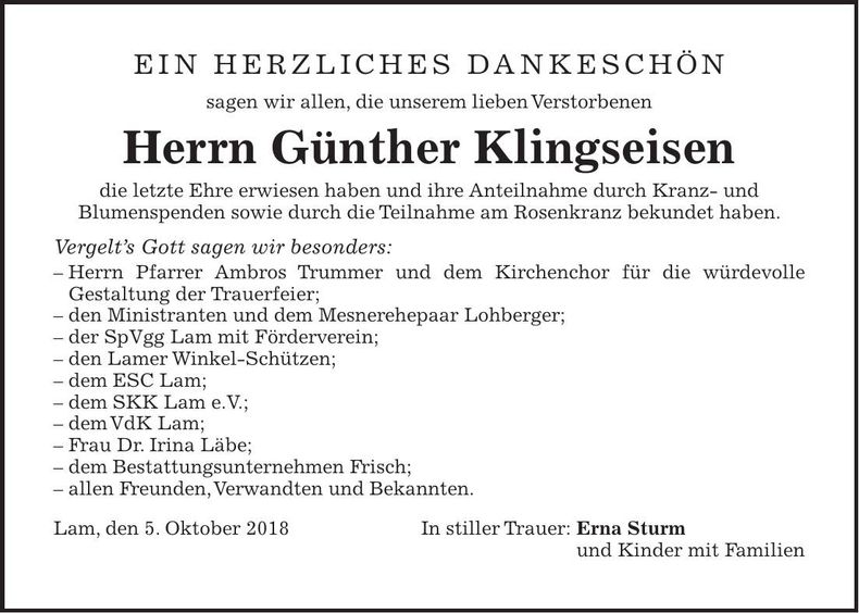 Traueranzeige Günther Klingseisen