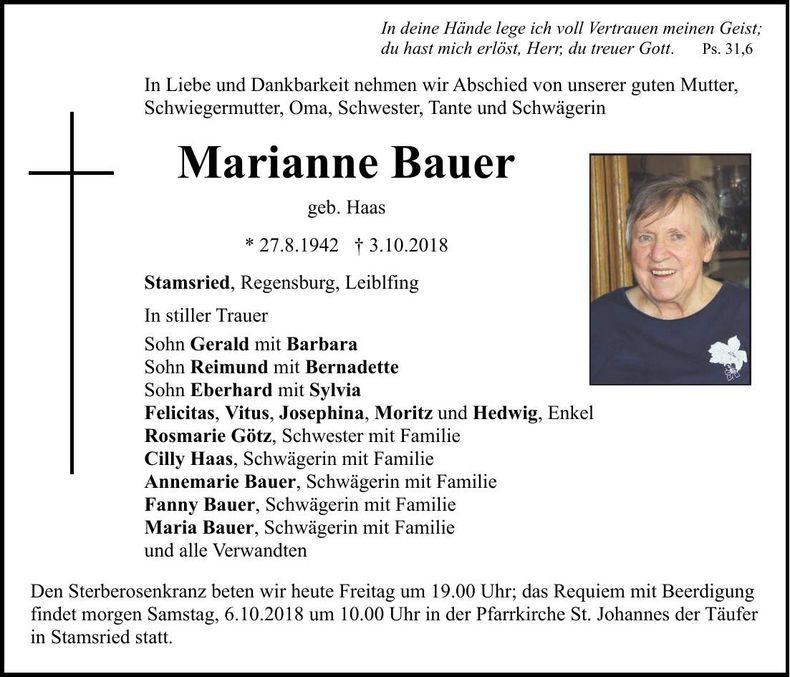 Traueranzeige Marianne Bauer