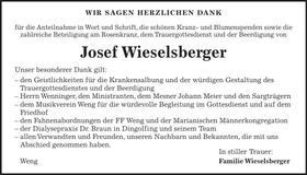 Traueranzeige Josef Weiselsberger