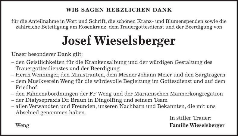 Traueranzeige Josef Weiselsberger
