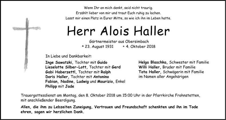 Traueranzeige Alois Haller