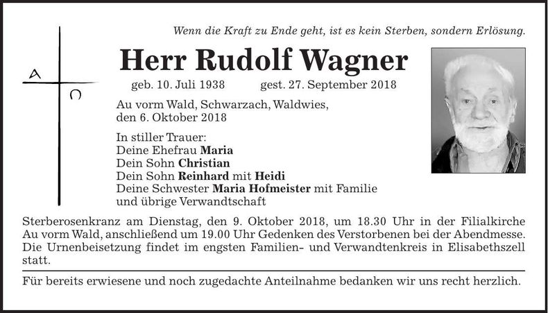 Traueranzeige Rudolf Wagner