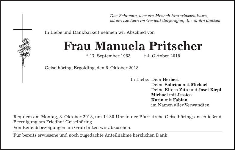 Traueranzeige Manuela Pritscher
