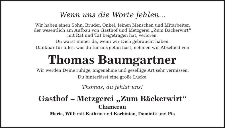 Traueranzeige Thomas Baumgartner