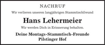 Traueranzeige Hans Lehermeier