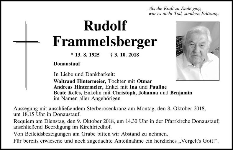 Traueranzeige Rudolf Frammelsberger
