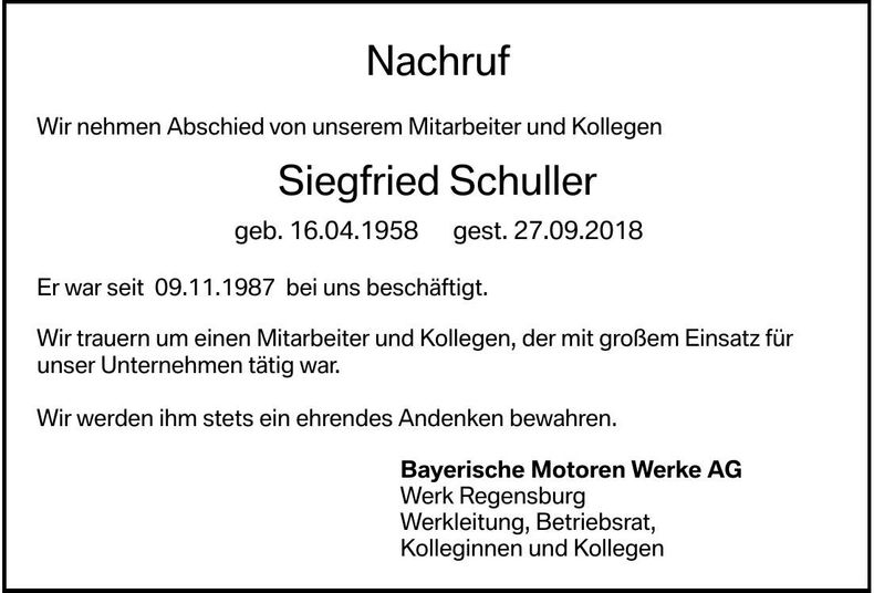 Traueranzeige Siegfried Schuller