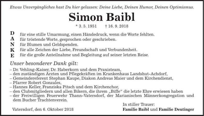 Traueranzeige Simon Baibl