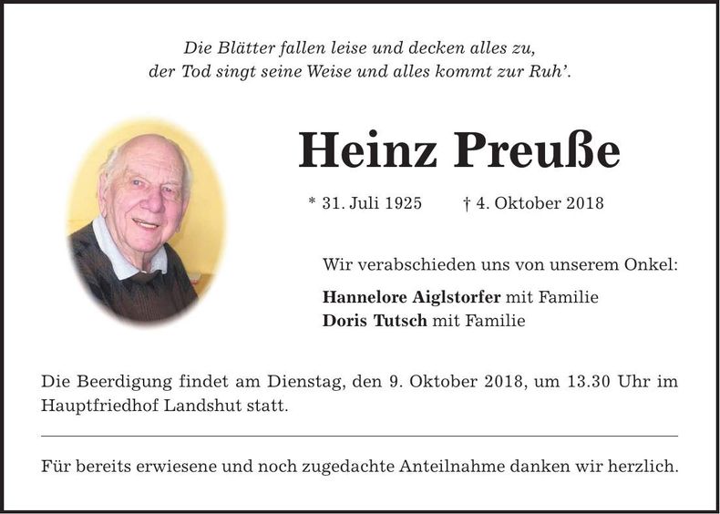 Traueranzeige Heinz Preuß