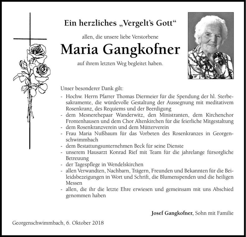 Traueranzeige Maria Gangkofner