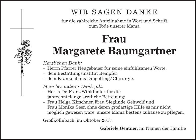 Traueranzeige Margarete Baumgartner