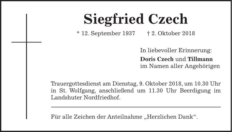 Traueranzeige Siegfried Czech