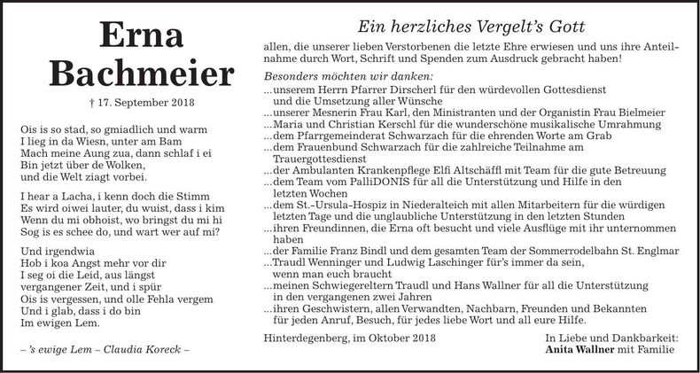 Traueranzeige Erna Bachmeier