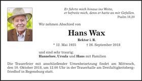 Traueranzeige Hans Wax