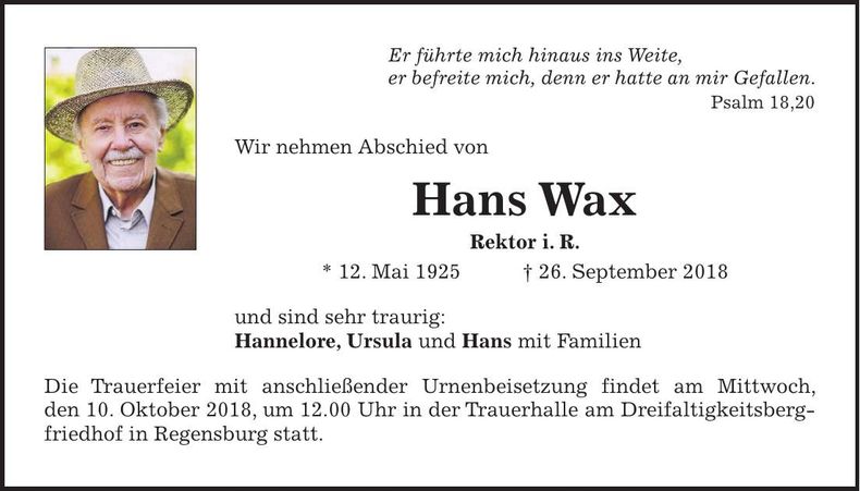Traueranzeige Hans Wax