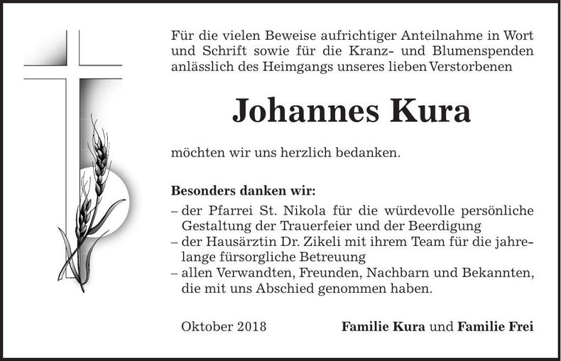 Traueranzeige Johannes Kura