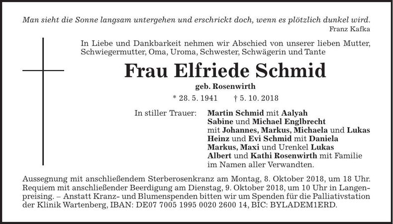 Traueranzeige Elfriede Schmid