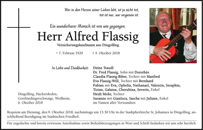 Traueranzeige Alfred Flassig