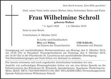 Traueranzeige Wilhelmine Schroll