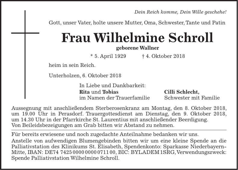Traueranzeige Wilhelmine Schroll