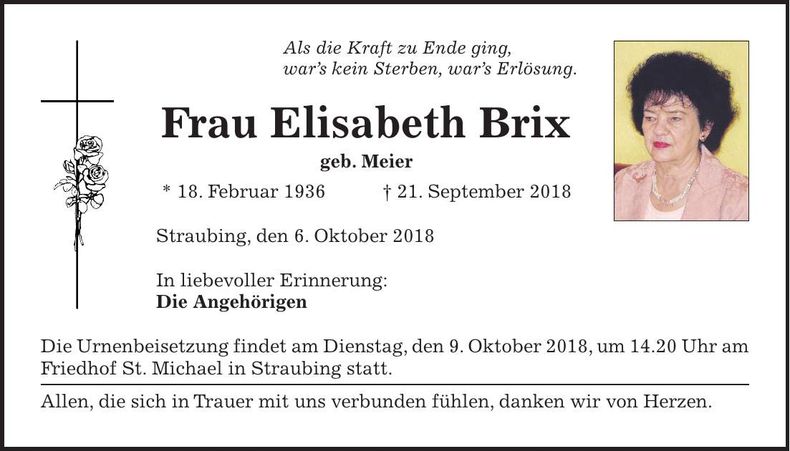 Traueranzeige Elisabeth Brix