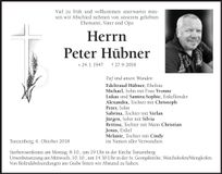 Traueranzeige Peter Hübner