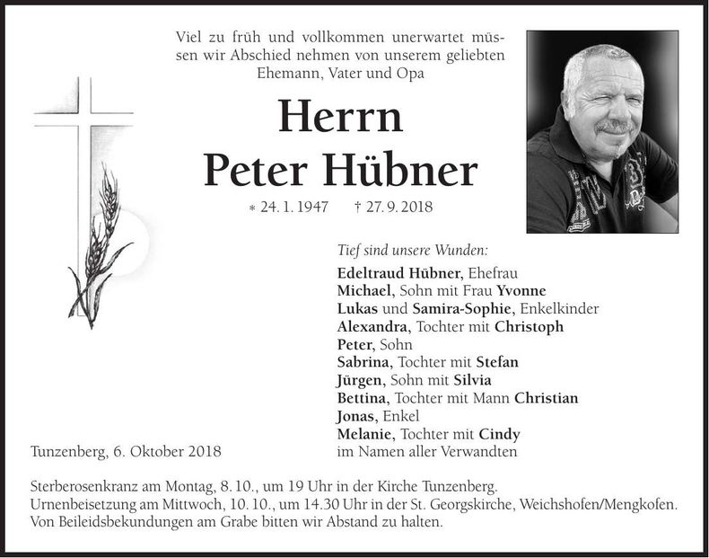 Traueranzeige Peter Hübner