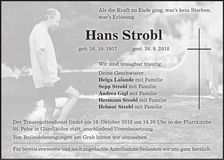 Traueranzeige Hans Strobl